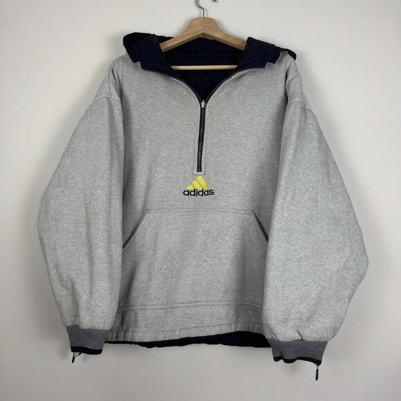 90s Adidas VTG Reversible Jacket Yellow Stripes Half Zip Pockets Insulated Sz L - Picture 2 of 10